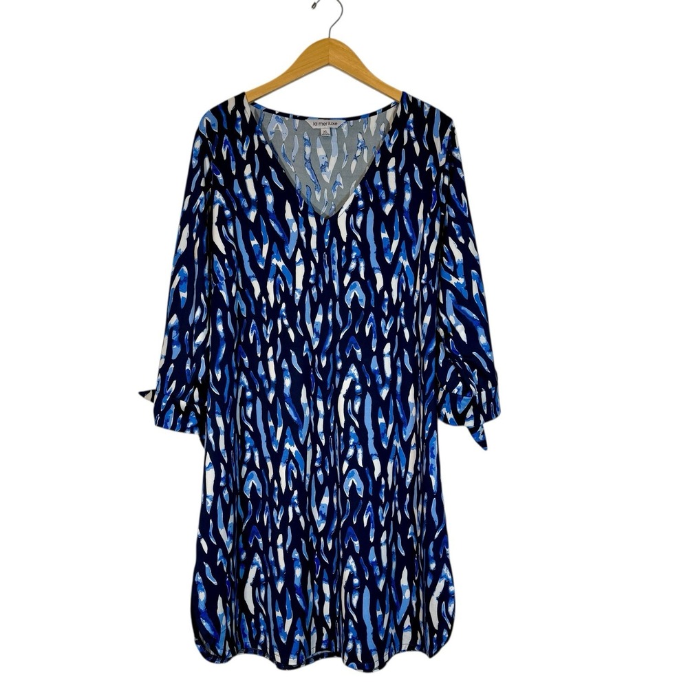 La Mer Luxe Stretch Shift Dress Sz‎ XL Blue White Geometric Print V Neck Cruise